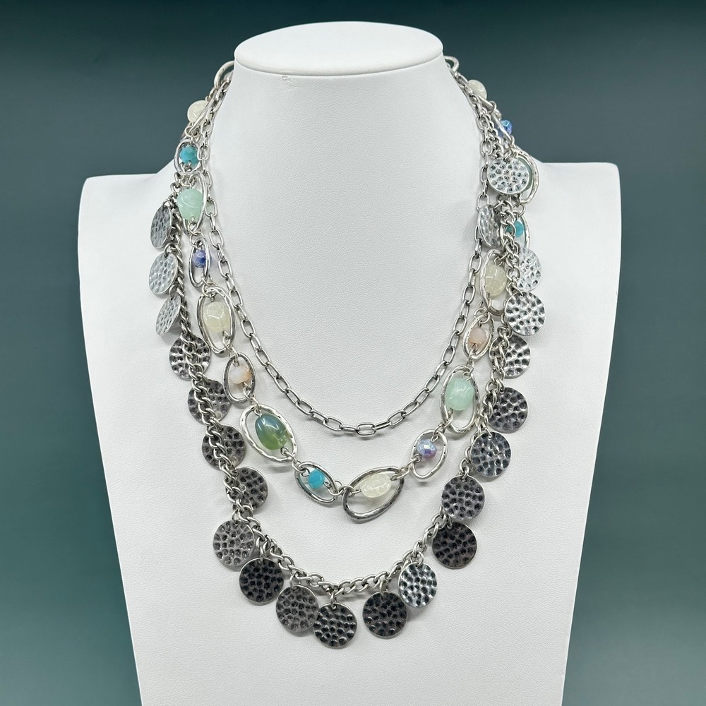 Silver Tone Multistrand Hammered Disc Pastel Bead Statement Necklace Boho Gift